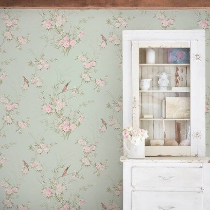 view all rachel ashwell shabby chic wallpaper styles- Image featuring Bird Chinoiserie Green Wallpaper in living room setting