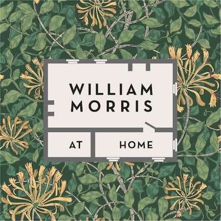 William Morris logo on green Honeysuckle wallpaper – view all William Morris wallpaper
