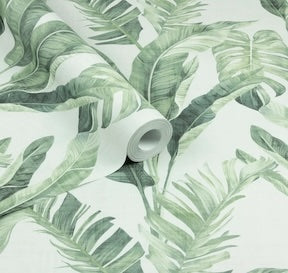 Arthouse trees and leaves wallpaper style button - image of cream wallpaper roll featuring green palm tree leaves