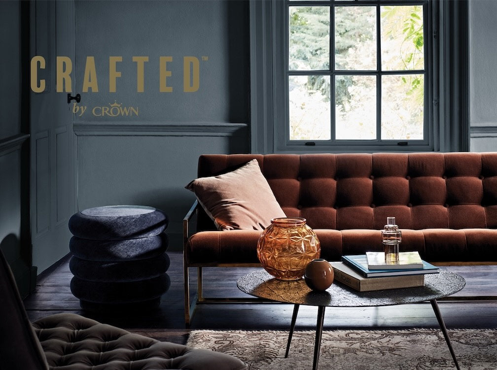 Modern Living room decorated with Crown Crafted printworks flat matt paint. Gold Crafted by Crown Logo top left of image.