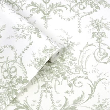 Click to view floral wallpaper from the Hallway Wallpaper Collection. Image of sage floral pattern on white background.