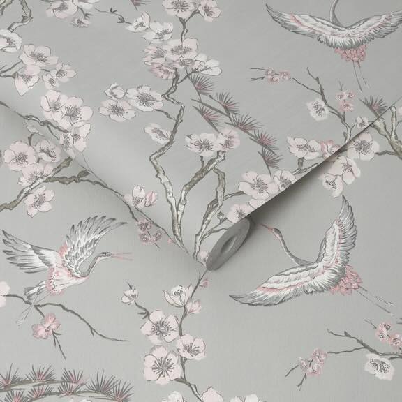 Shop Grey Wallpaper Collection - Grey Floral and bird design wallpaper roll