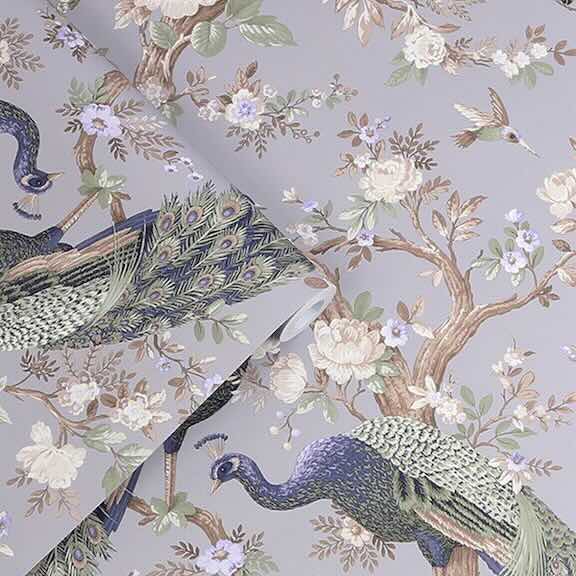 Shop Purple Wallpaper Collection -Purple tree & leaf and peacock design wallpaper roll by Laura Ashley