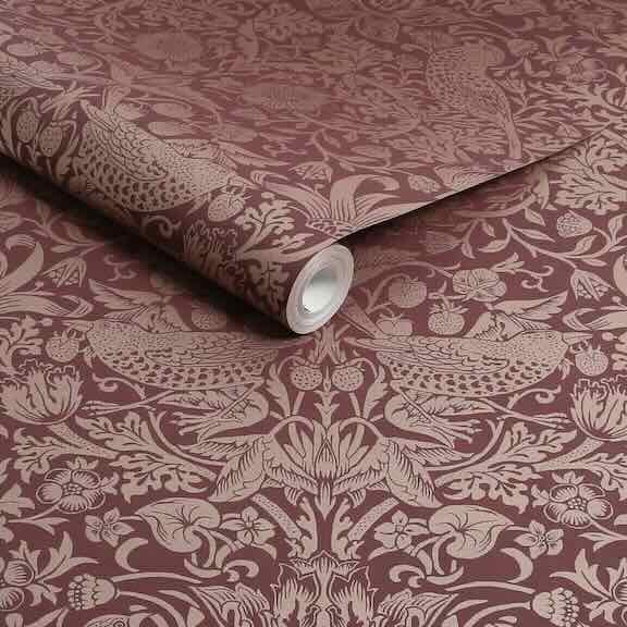 Shop Red Wallpaper Collection - Red metallic bird and leaf design wallpaper roll by william morris at home
