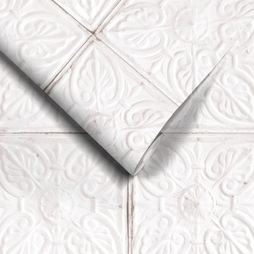 Shop White Wallpaper Collection - White tile effect wallpaper roll by woodchip and magnolia