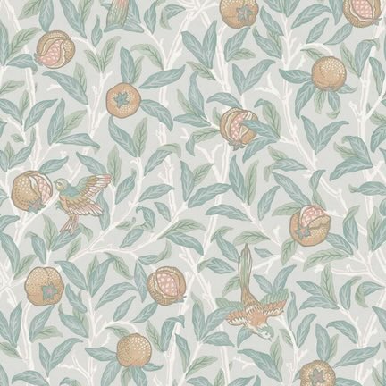 William Morris Pomegranate Rose Garden wallpaper with bird motif, view all animal design wallpapers