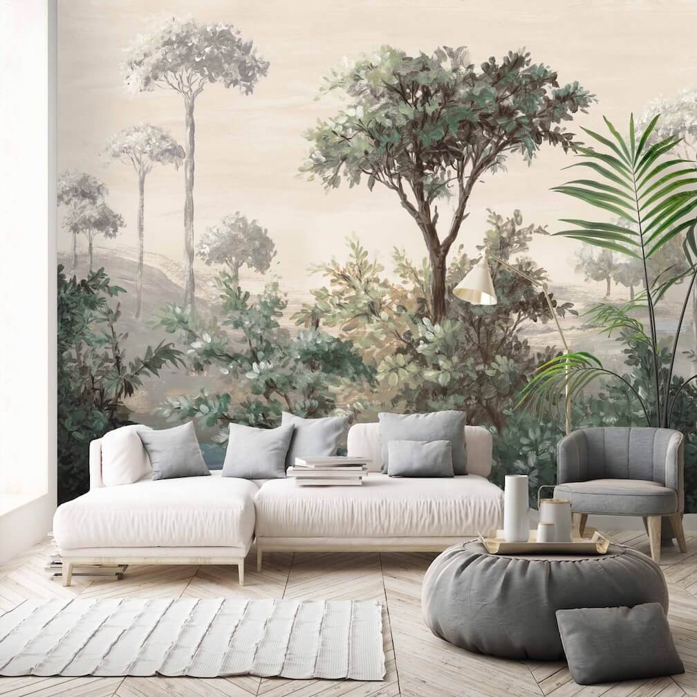 Woodchip and magnolia oasis natural wall mural decorating the wall of a living room