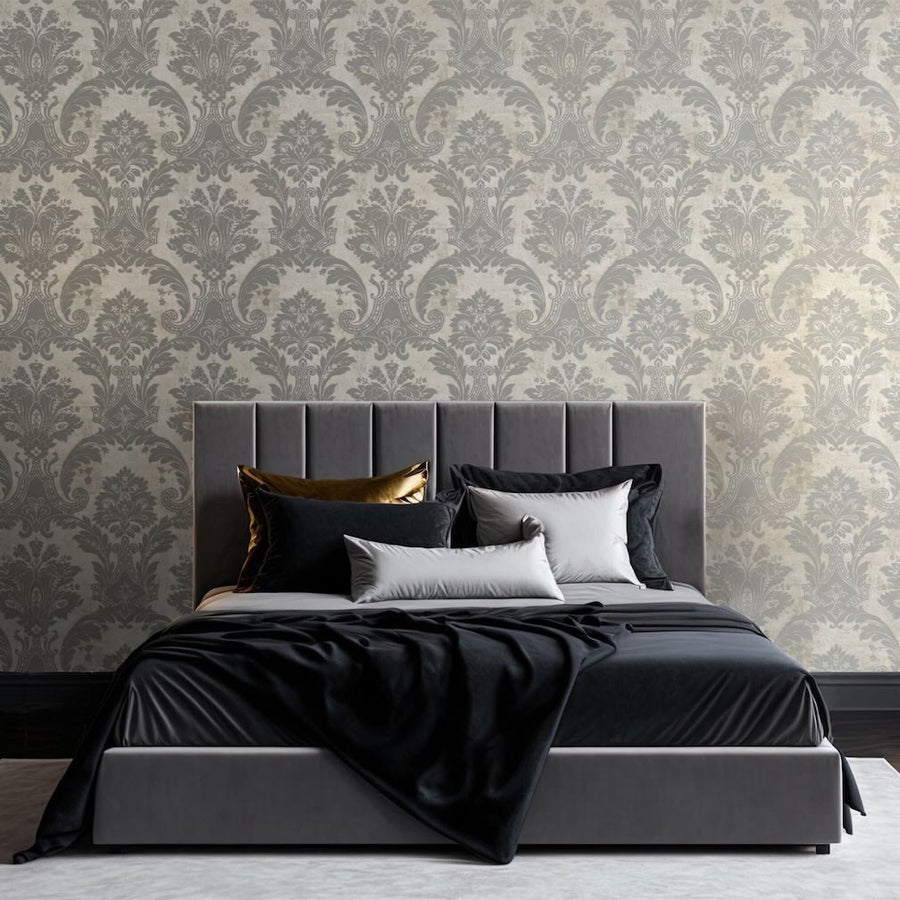 Belgravia Plaster Damask and Linear Concrete Silver Wallpaper - 2317
