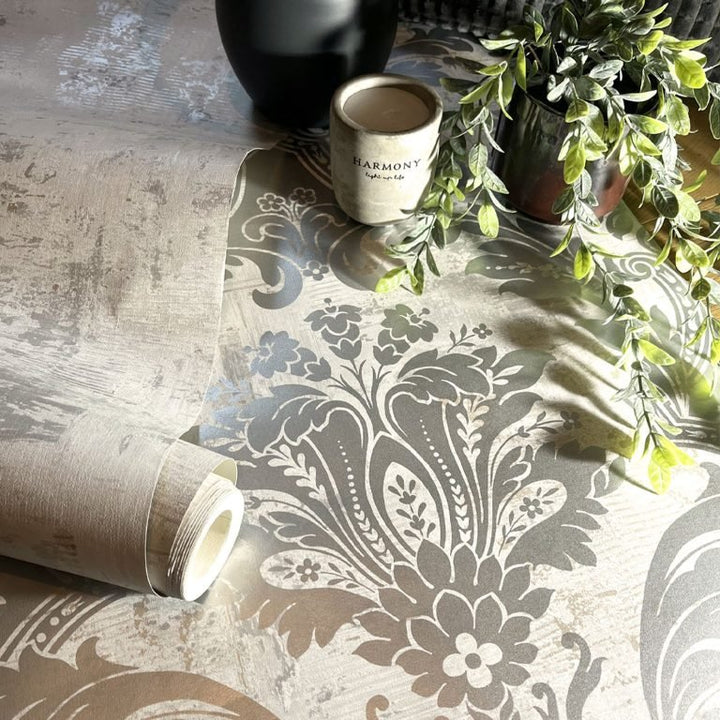 Belgravia Plaster Damask and Linear Concrete Silver Wallpaper - 2317