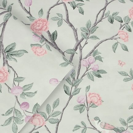 Wallpaper Roll - Pink Florals and tree branches against a sage Green background. Click for Green Wallpaper Floral Collection