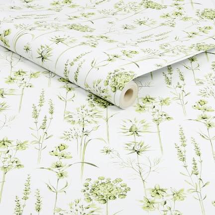 Wallpaper roll with green medley fig tree leaves design against a white background. Click for green trees & leaves wallpaper collection