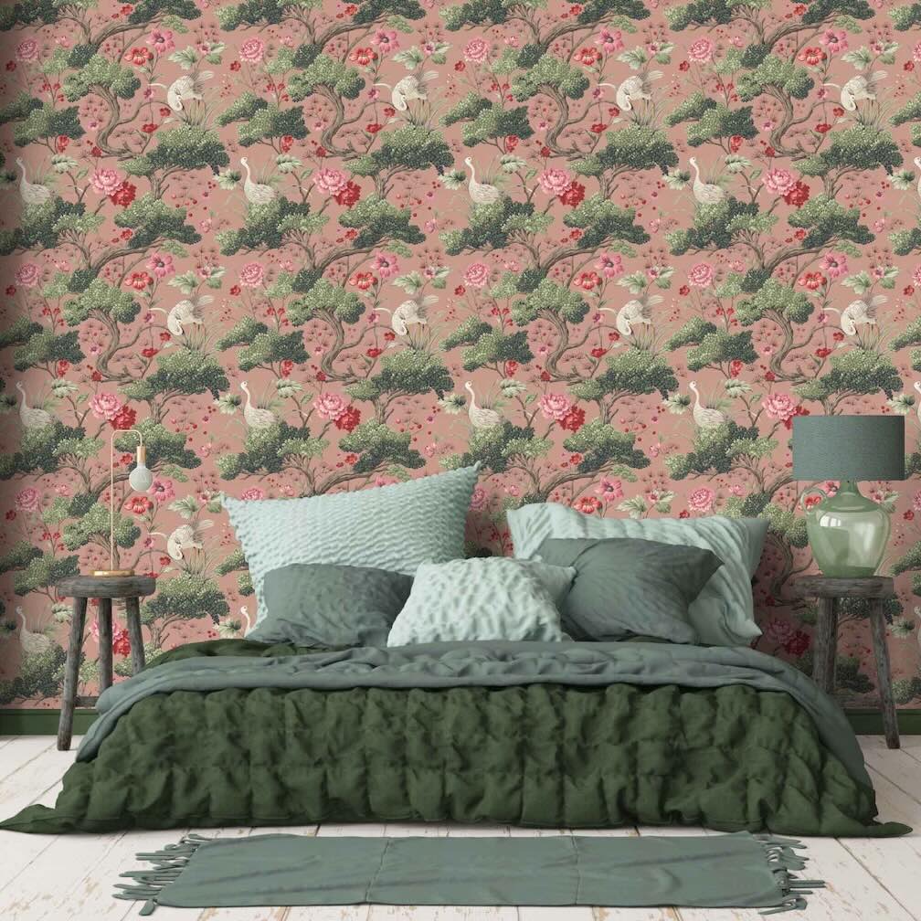 Woodchip & Magnolia Crane Bird Vintage Pink Wallpaper Bedroom