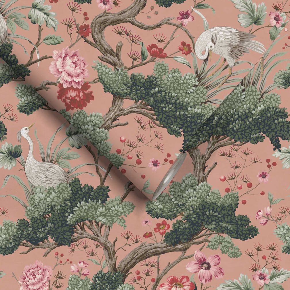 Woodchip & Magnolia Crane Bird Vintage Pink Wallpaper - WM-120