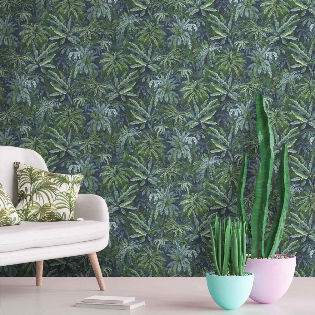 Woodchip & Magnolia Fern in Lush Green Wallpaper living room roomset