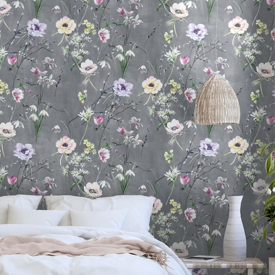 Woodchip & magnolia Maytime Dusky Grey Wallpaper decorating a Bedroom Wall