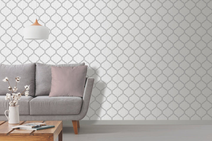 - Crystal Trellis Wallpaper - White / Silver - 8896 - Decor Warehouse