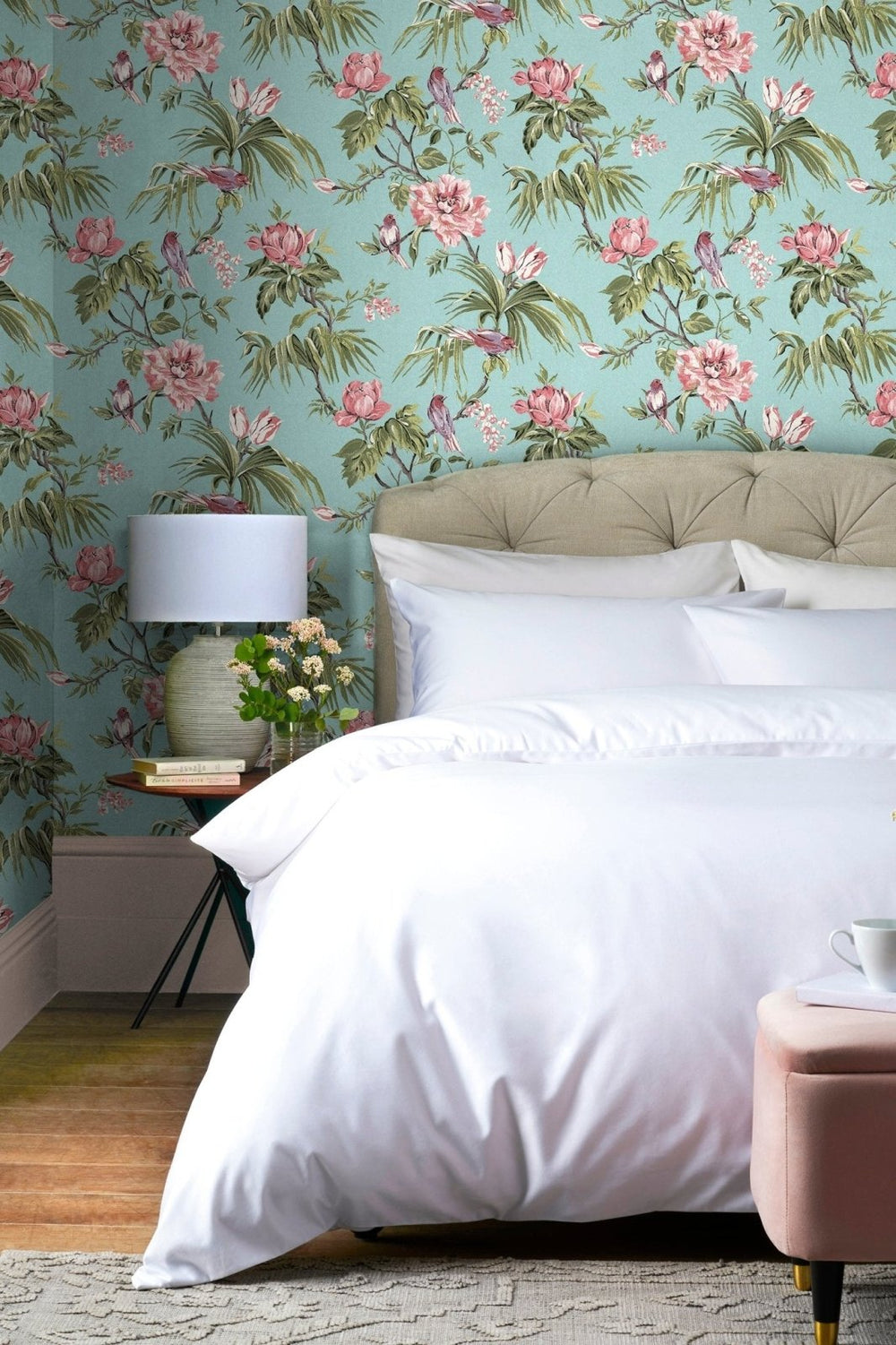 118254-Graham & Brown-Next - Birds & Blooms Duck Egg Wallpaper-Decor Warehouse