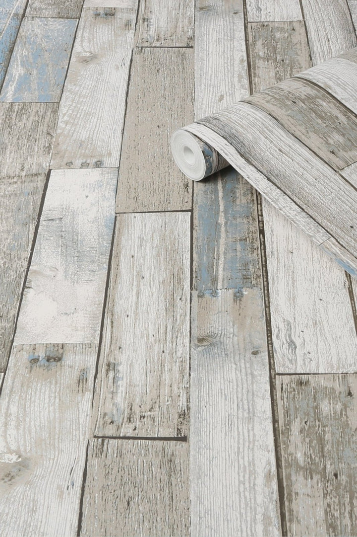 119309-Graham & Brown-Next - Distressed Wood Panel Neutral Blue Wallpaper-Decor Warehouse