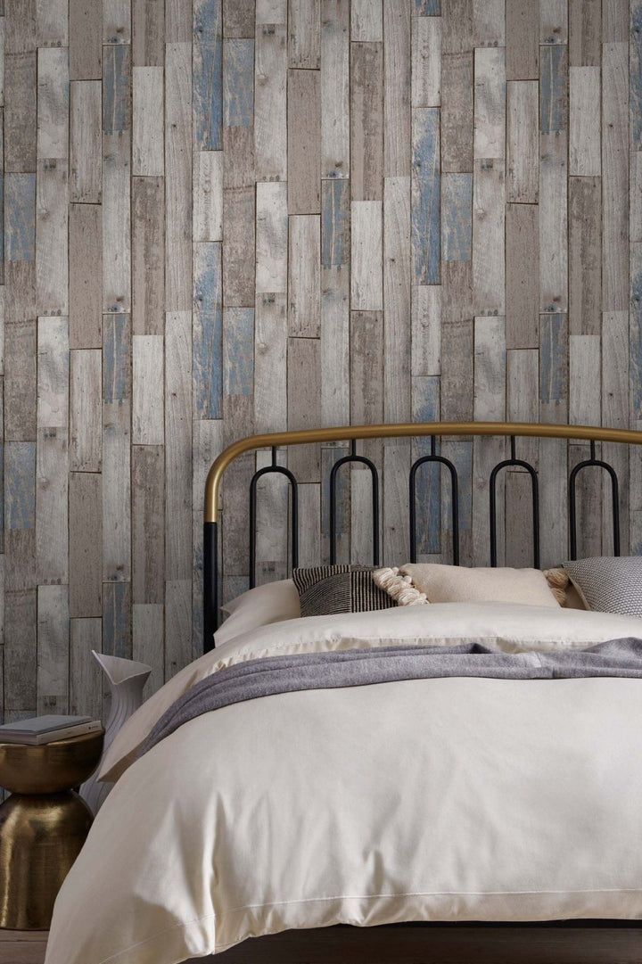 119309-Graham & Brown-Next - Distressed Wood Panel Neutral Blue Wallpaper-Decor Warehouse