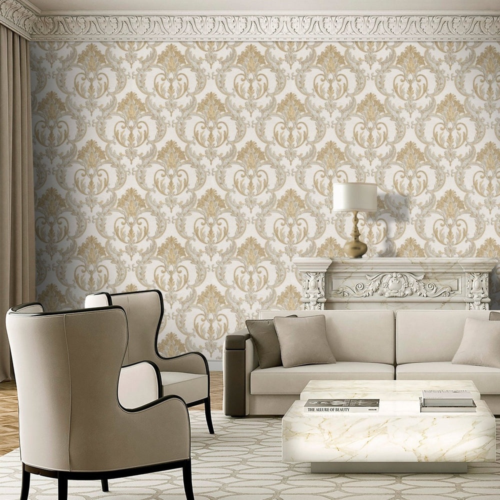9090-Debona-Perla - Damask Gold Vinyl Wallpaper-Decor Warehouse