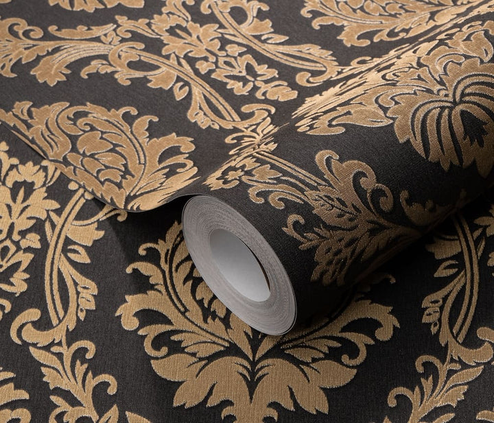 Erismann Versailles Carre Damask Black & Gold Wallpaper