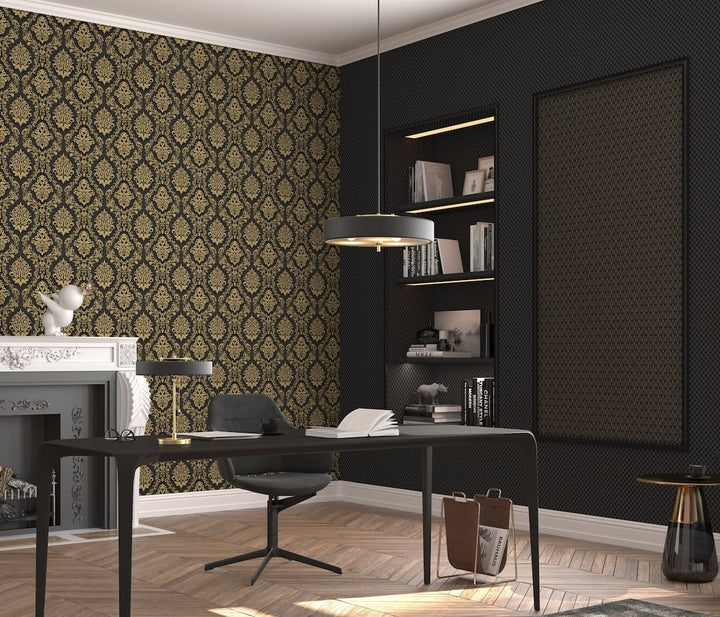 Erismann Versailles Carre Damask Black & Gold Wallpaper