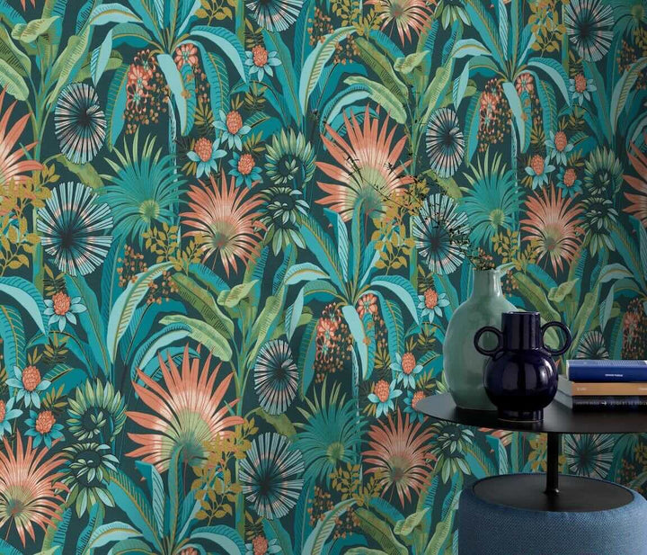 Martinique Teal Tropical Wallpaper by Erismann