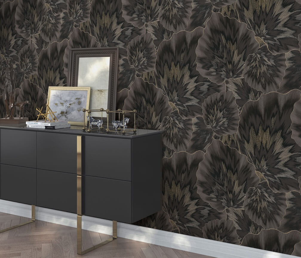 Erismann Bliss Abstract Leaf Black & Gold Wallpaper