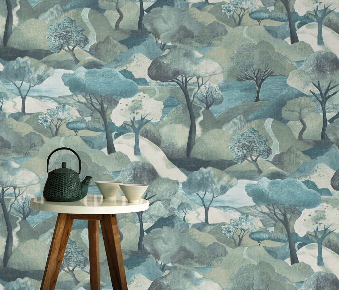 Erismann Tree Landscape Blue Vinyl Wallpaper