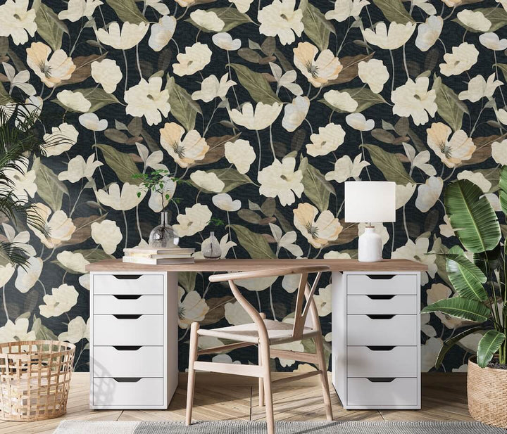 Erismann Fairy Blossom Floral Black Wallpaper