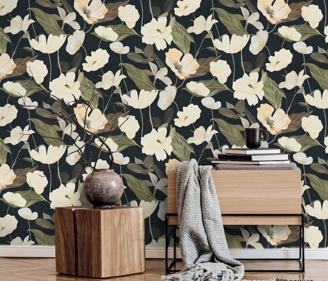Erismann Fairy Blossom Floral Black Wallpaper