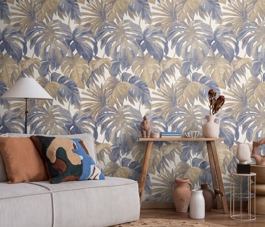 Erismann Forest Dreams Monstera Leaves Blue Wallpaper