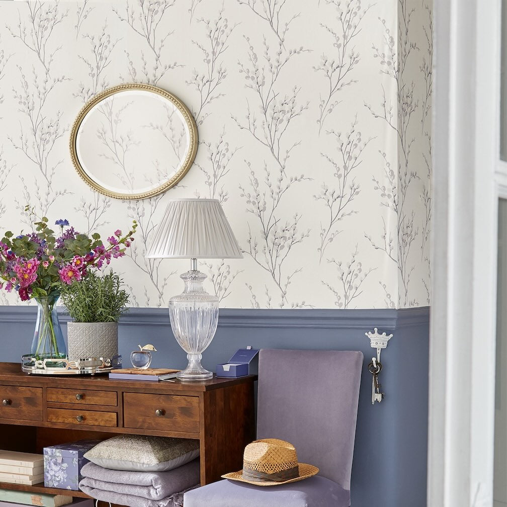 Laura Ashley Pussy Willow Off White and Steel Wallpaper