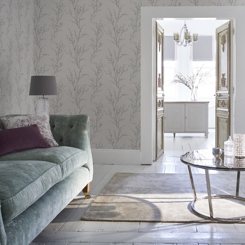 Laura Ashley Pussy Willow Off White and Steel Wallpaper