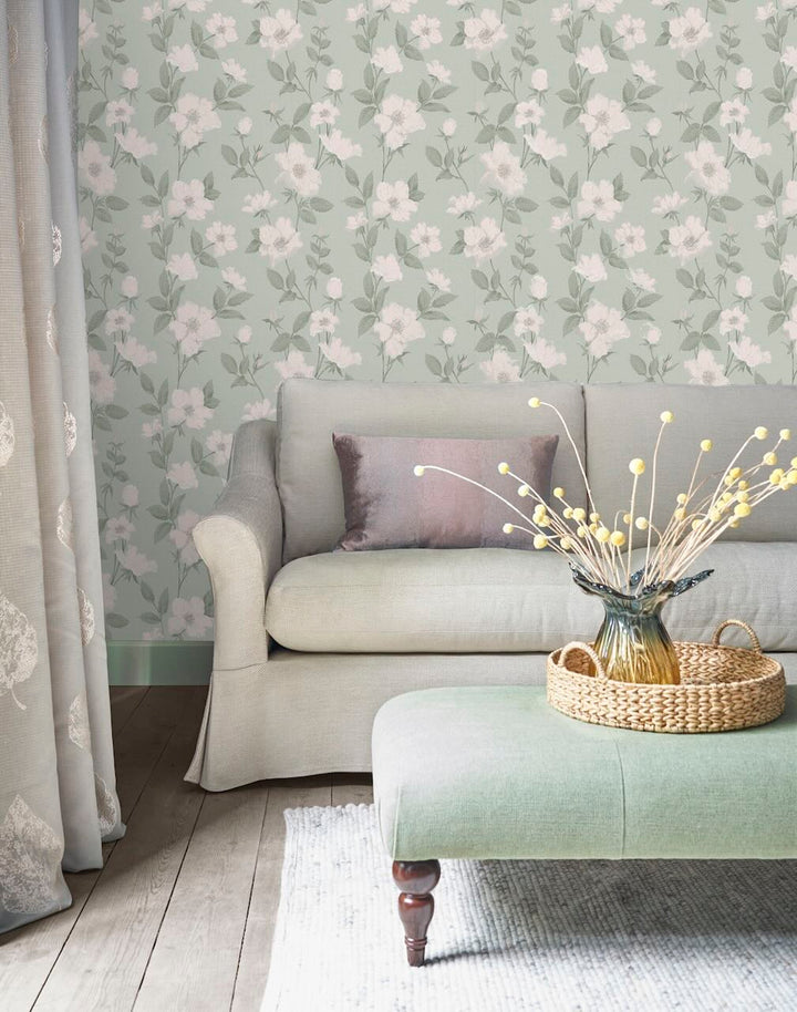 Laura Ashley Fleurir Smoke Green Wallpaper