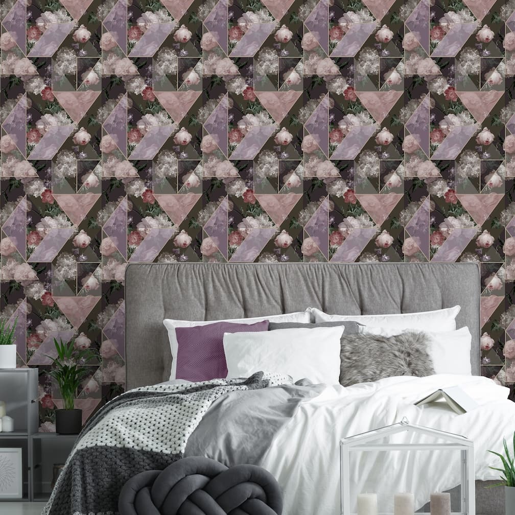 Pink & Black Floral Geo Wallpaper