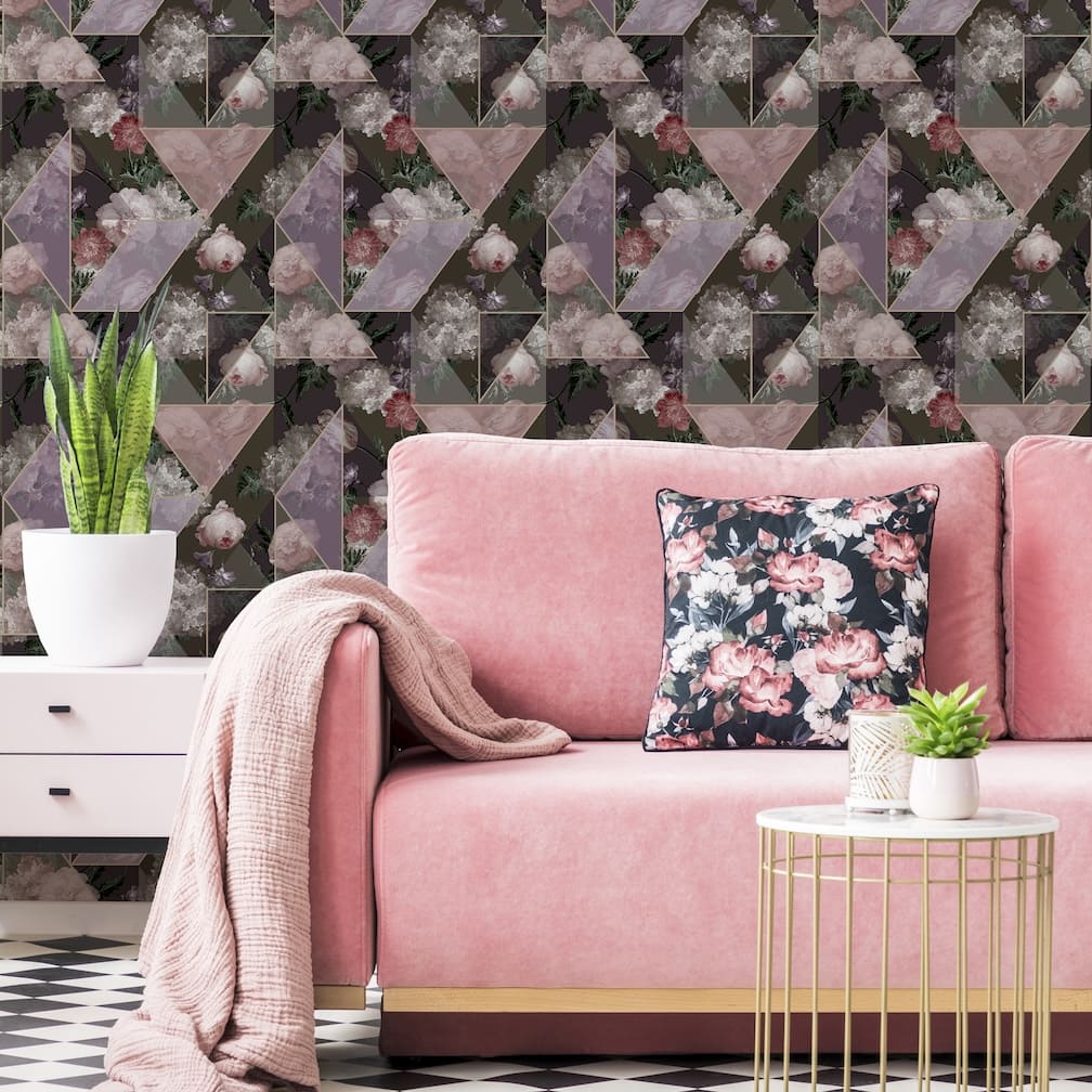 Pink & Black Floral Geo Wallpaper
