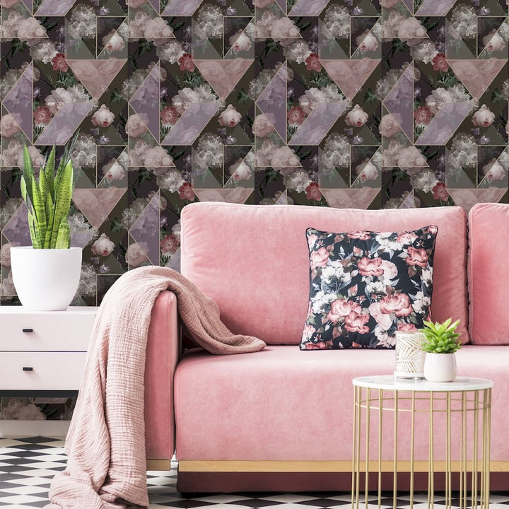 Pink & Black Floral Geo Wallpaper