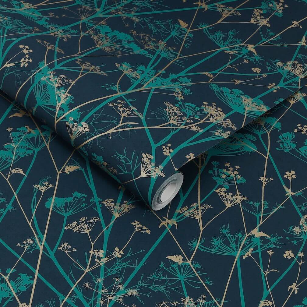 Clarissa Hulse Wild Chervil Kingfisher & Gold Wallpaper