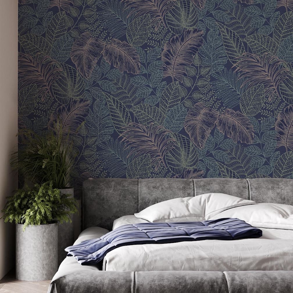 Superfresco Easy Scattered Leaves Blue & Copper Wallpaper