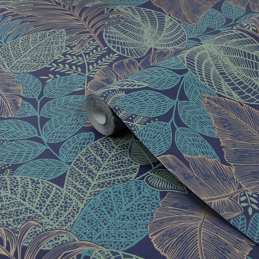Superfresco Easy Scattered Leaves Blue & Copper Wallpaper