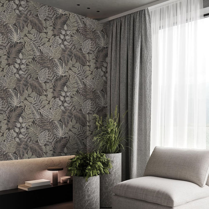 Superfresco Easy Scattered Leaves Charcoal & Gold Wallpaper