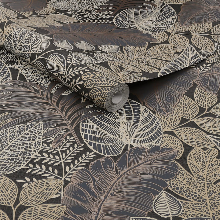 Superfresco Easy Scattered Leaves Charcoal & Gold Wallpaper