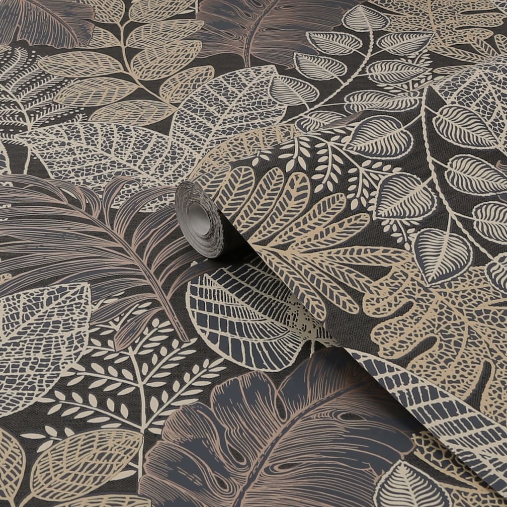 Superfresco Easy Scattered Leaves Charcoal & Gold Wallpaper