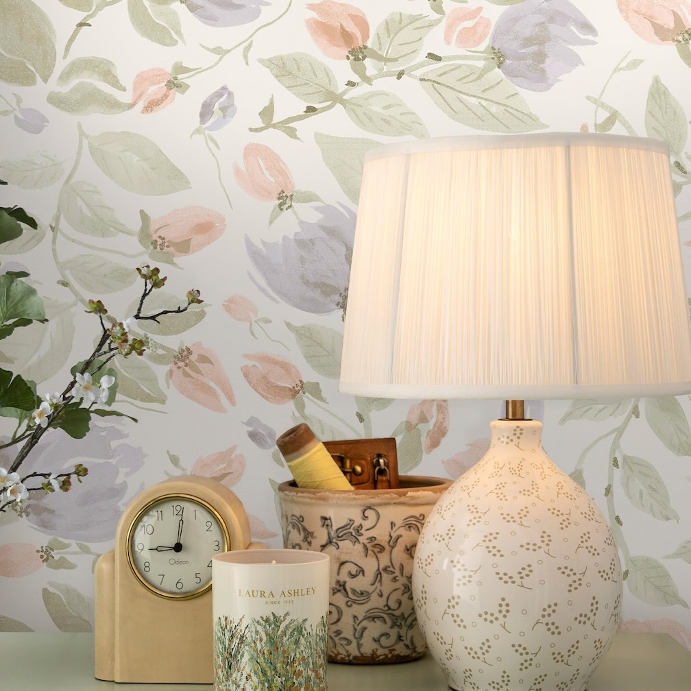 Laura Ashley Orisia Peony Pale Sage Green Wallpaper