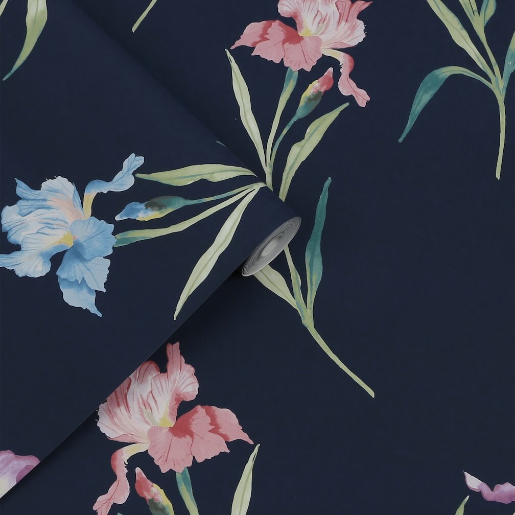 Laura Ashley Hawling Irises Midnight Seaspray Wallpaper