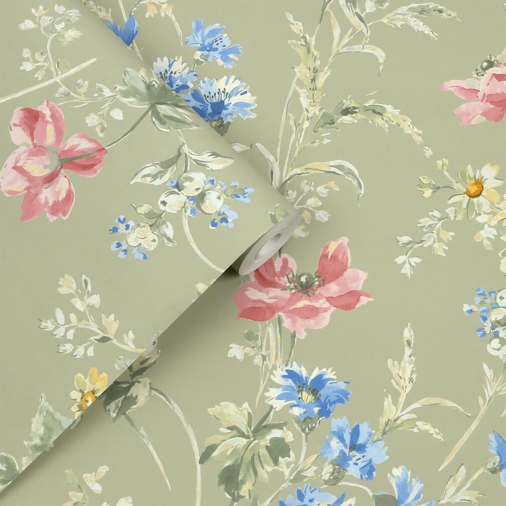 Laura Ashley Poppy Meadow Sage Green Wallpaper