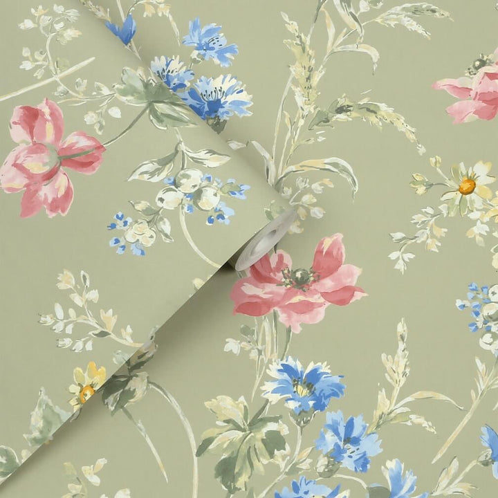 Laura Ashley Poppy Meadow Sage Green Wallpaper