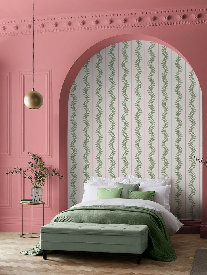 Graham & Brown Laurel Leaf Stripe Pink & Green Wallpaper