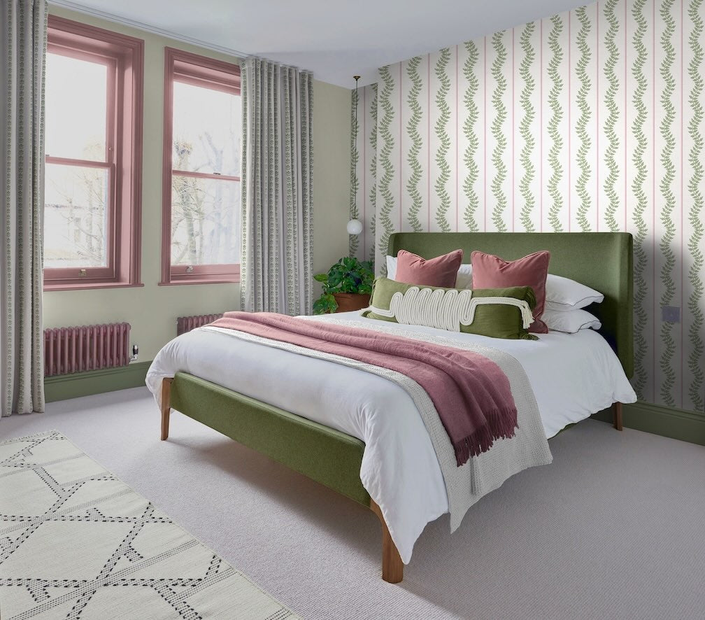 Graham & Brown Laurel Leaf Stripe Pink & Green Wallpaper